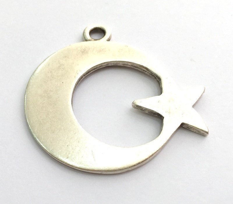 Moon and Star Pendant Antique Silver Pendants (44mm) Antique Silver Plated Metal  G5845