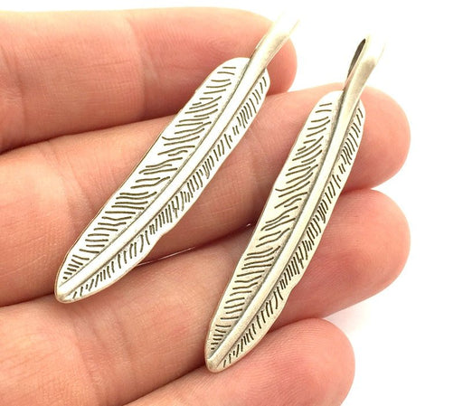 4 Pcs Antique Silver Feather Pendants (45x10mm) Antique Silver Plated Metal  G5871