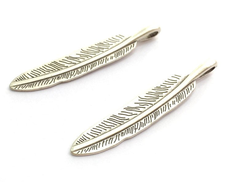4 Pcs Antique Silver Feather Pendants (45x10mm) Antique Silver Plated Metal  G5871
