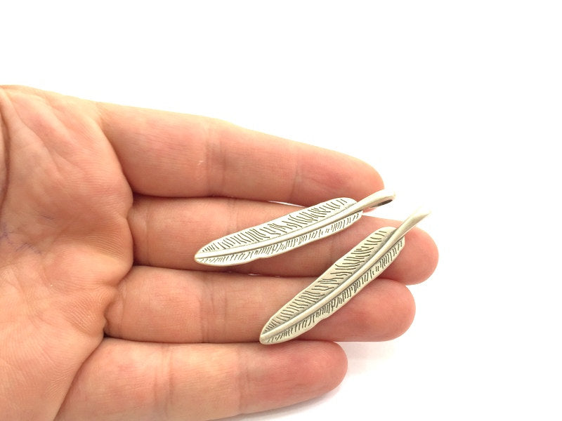 4 Pcs Antique Silver Feather Pendants (45x10mm) Antique Silver Plated Metal  G5871