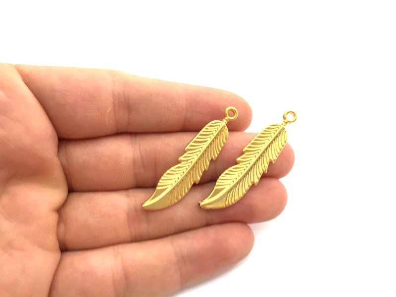 2 Feather Charms Gold Plated Charms,  (45x10mm)  G5881