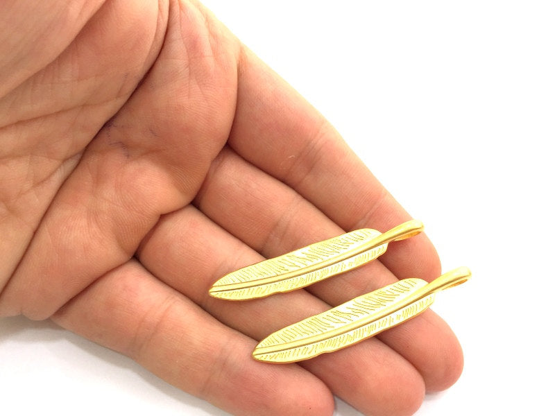 2 Pcs (55x10mm)  Gold Plated Feather Charms,  G5882