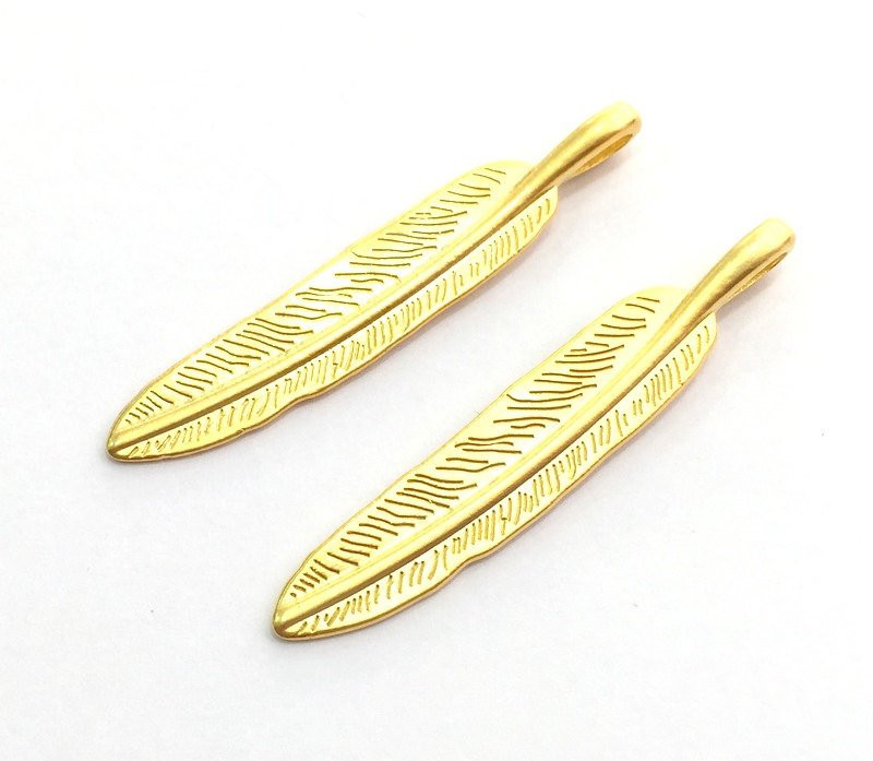 2 Pcs (55x10mm)  Gold Plated Feather Charms,  G5882
