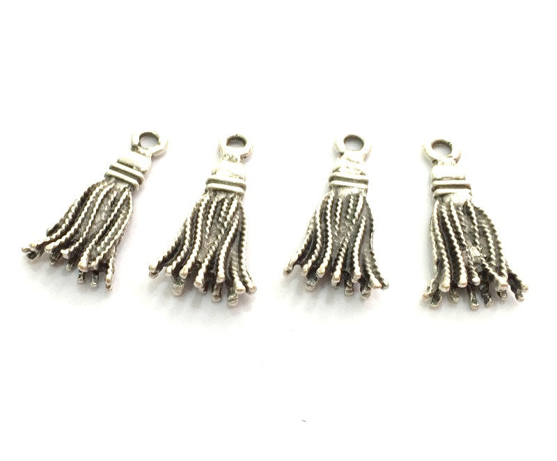 4 Silver Besom Charm Antique Silver Plated Tassel Charms (23x12mm)  G5886