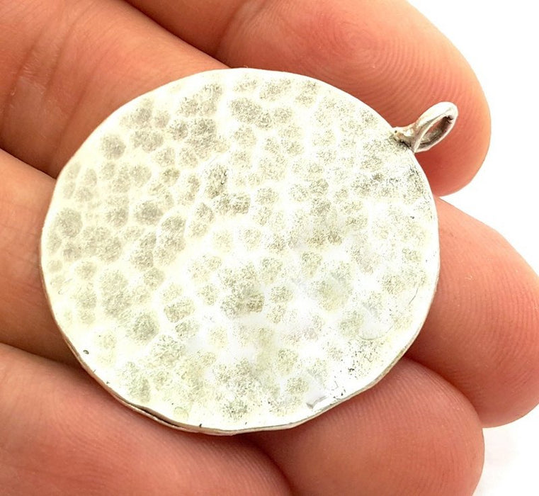 Silver Pendant Hammered Round Pendant  (35mm)  Antique Silver Plated Brass   G9214