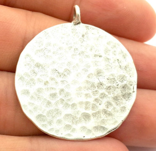 Hammered Round Pendant  (40mm)  Antique Silver Plated Brass   G9212