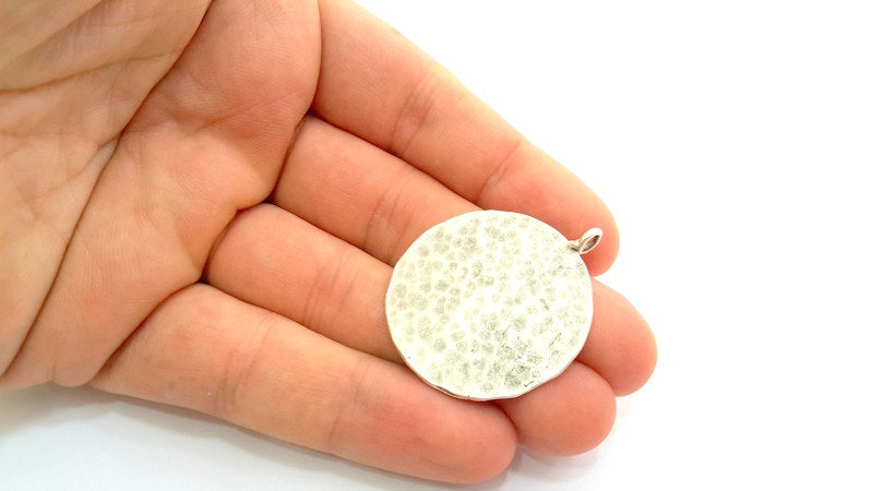 Hammered Round Pendant  (40mm)  Antique Silver Plated Brass   G9212