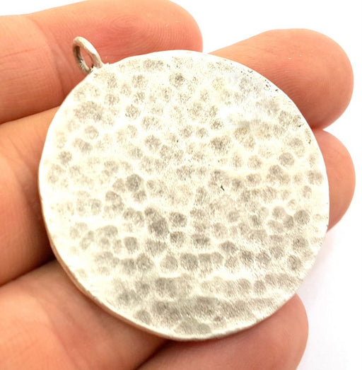 Hammered Round Pendant  (50mm)  Antique Silver Plated Brass   G9219