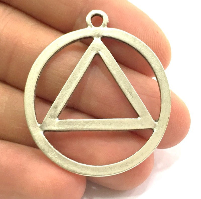 2 Geometric Circle and Triangle Charms Antique Silver Pendants (38mm)   G14442