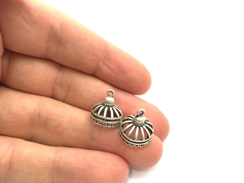 4 Birdcage Charms Antique Silver Plated Brass  (15x13mm)  G5707