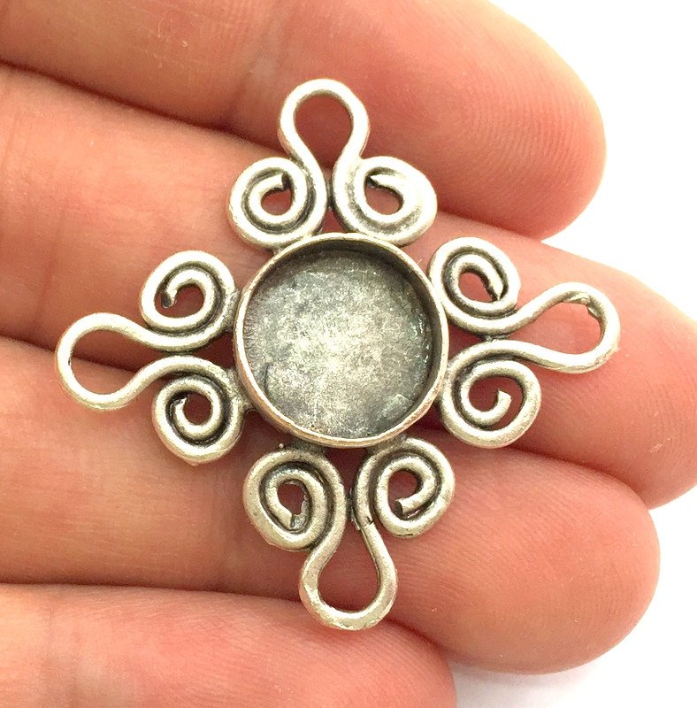 Antique Silver Plated Brass Pendant Settings Blanks  Mountings , (12mm  blank) G5962