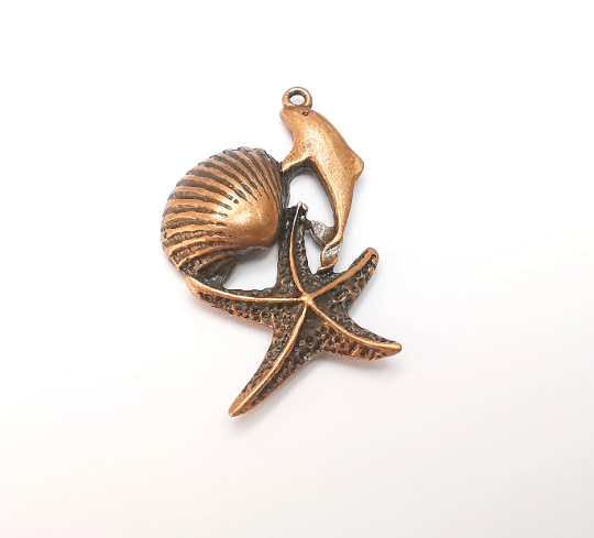 Dolphin Starfish Scallop Charms Pendant Antique Copper Plated (50x29mm) G28312