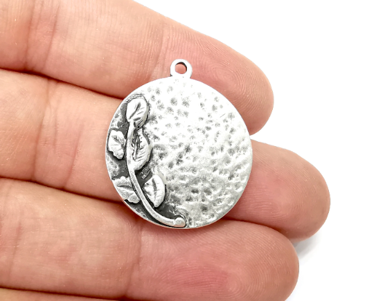 Branch leaf Charms Antique Silver Plated Round Charms (30x26mm) G28462