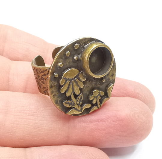 Flower Ring Blank Setting, Cabochon Mounting, Adjustable Resin Ring Base, Inlay Ring Blank Mosaic Bezels Antique Bronze Plated (8mm) G29314