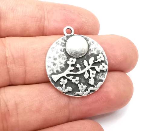 Flower Blossom Branch Charms Antique Silver Plated (28x25mm) G28455