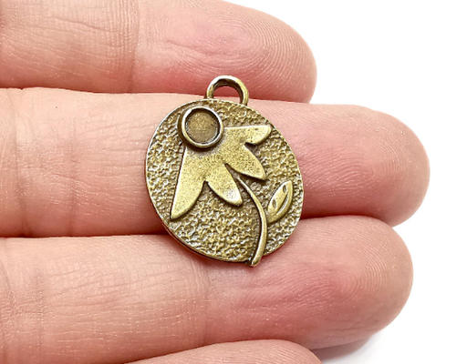 Flower Charms Pendant Bezel, Resin Blank, inlay Mounting, Mosaic Frame Cabochon Base, Antique Bronze Plated (4mm) G29356