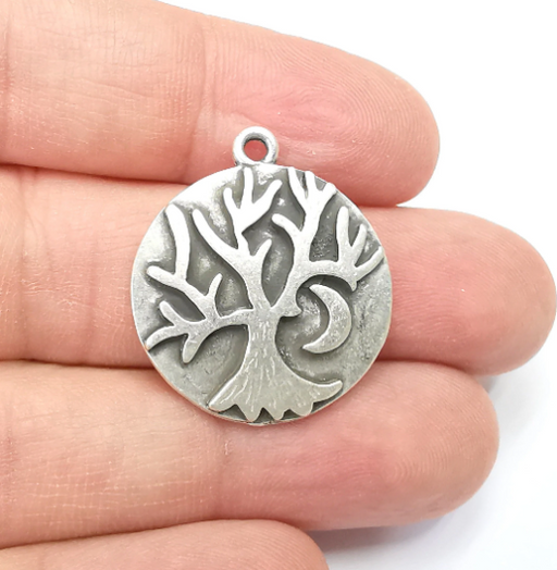 Tree and Crescent Charms Pendant Antique Silver Plated Charms (28x25mm) G29399