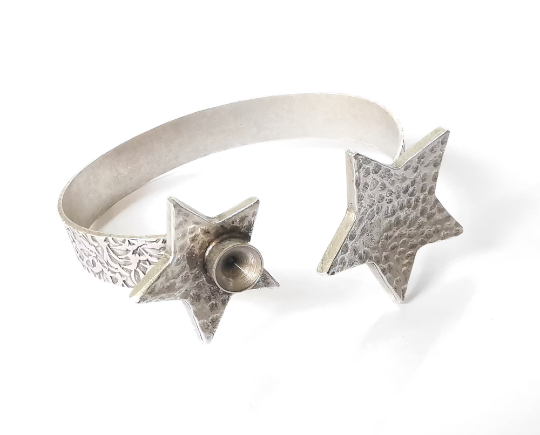 Stars bracelet brass cuff blank bezel Glass cabochon base Adjustable antique silver (8mm ) G24468