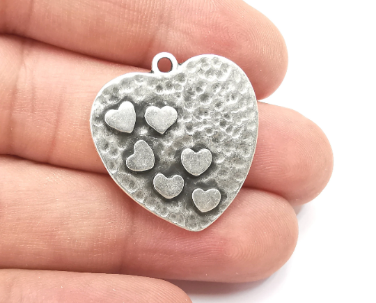 Hearts Charms Antique Silver Plated Hammered Charms (29x27mm) G28474