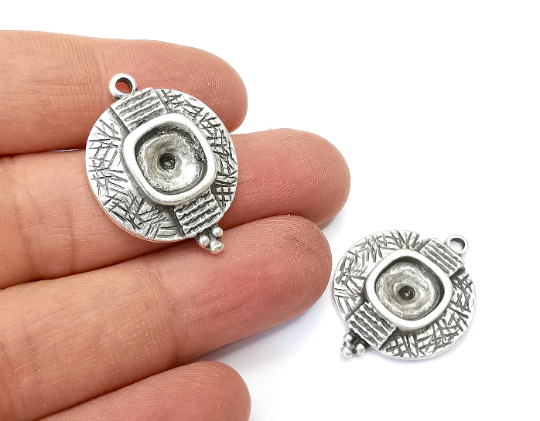 Ethnic Round Charms Blank Resin Bezel Mosaic Mountings Cabochon Setting Antique Silver Plated Charms (31x23mm)(10mm Blank) G28066
