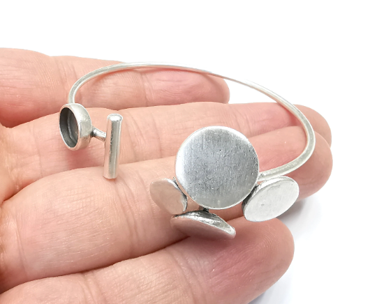 Discs Wire Bracelet Cuff Blank Bezel Glass Cabochon Base Adjustable Antique Silver Plated Brass (8mm ) G28986