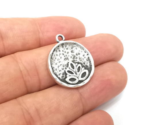 Lotus Leaf Charms Antique Silver Plated Round Charms (25x21mm) G28463