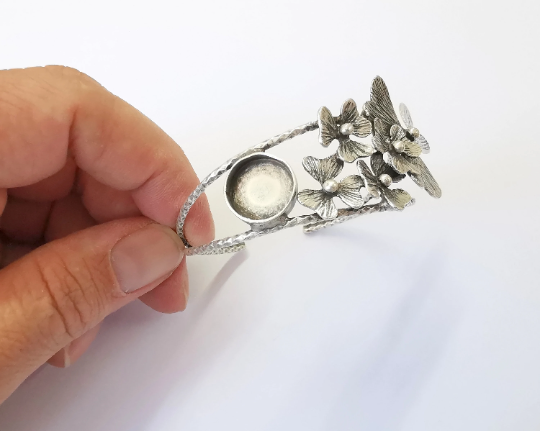 Flower Bracelet Brass Cuff Blank Bezel Glass Cabochon Base Adjustable Antique Silver (14mm ) G25021