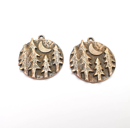 Forest Landscape Pine Tree Crescent Moon Round Charms Pendant Antique Copper Plated Charms (31x28mm) G28008