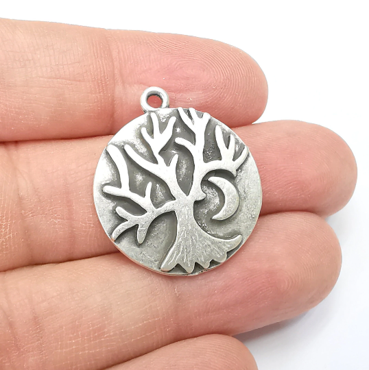 Tree and Crescent Charms Pendant Antique Silver Plated Charms (28x25mm) G29399