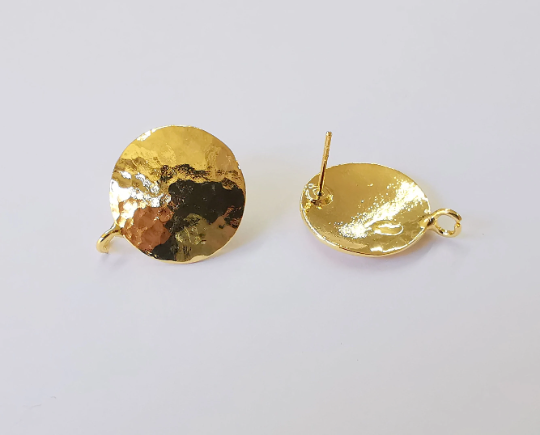 Hammered domed Earring Stud Base Shiny Gold Plated Brass Earring 1 pair (24x20mm) G25059