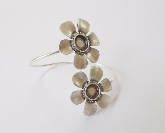 Flowers bracelet brass cuff blank bezel Glass cabochon base Adjustable antique silver(10mm ) G24451