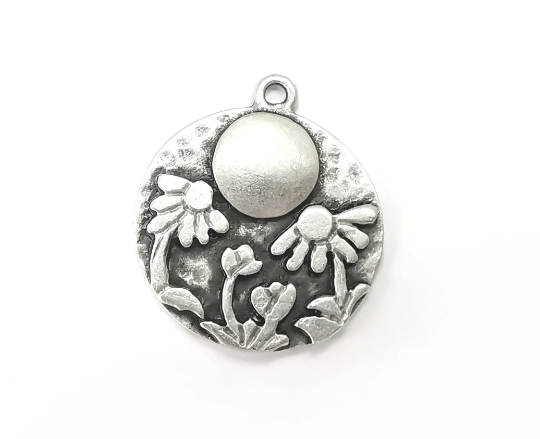 Daisy Flower Leaf Charms Moon Hammered Disc Pendant Antique Silver Plated (28x24mm) G28227