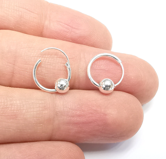 Solid Sterling Silver Earring Hoop, Piercing Wire with Ball Bead 925 Silver Earring Findings 1 Pair (12mm) G30012