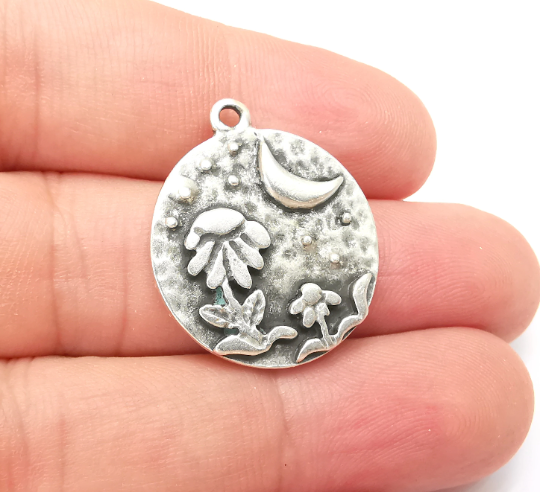 Flower Leaf Charms Crescent Moon Hammered Disc Night Sky Charms Antique Silver Plated (28x24mm) G28724