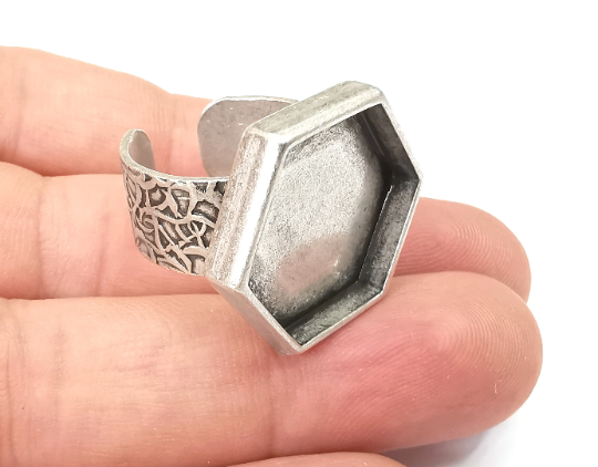 Hexagon Ring, Branch Ring Blank Setting, Cabochon Mounting, Adjustable Resin Base Bezels, Antique Silver Plated (20mm) G28701