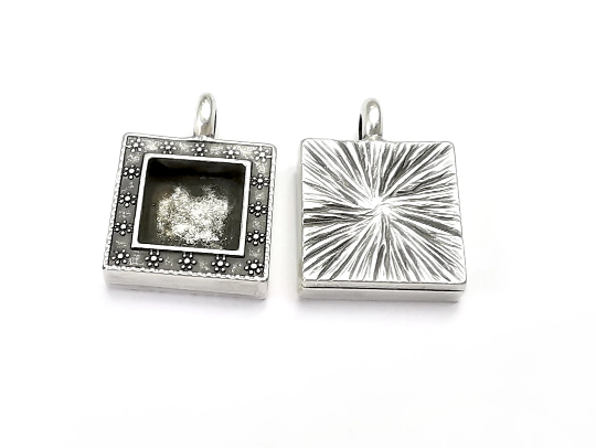 Ethnic Square Pendant Sun Blank Bezel Resin Mosaic Mountings Antique Silver Plated Charms (23x17mm)( 10 mm Bezel Inner Size) G28081