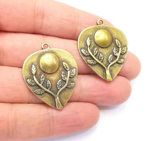 Branch Leaf Charms Plant Nature Charms Full Moon Moonrise Pendant Antique Bronze Plated Charms (34x28mm) G28013