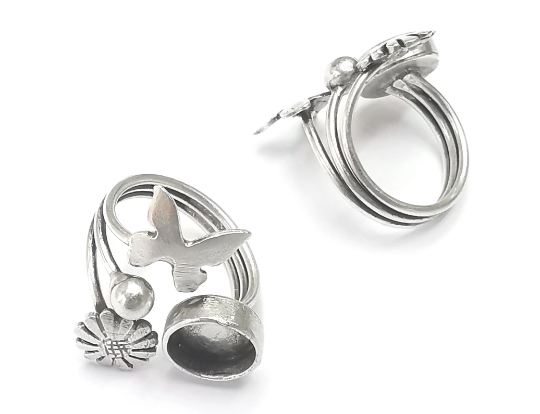Butterfly Flower Ring Blanks Silver Round Ring Setting Cabochon Mounting Adjustable Ring Base Bezel Antique Silver Plated Brass (10mm)G26710