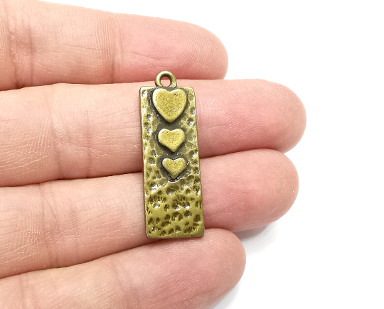 Heart Charms Hammered Rectangle Pendant Antique Bronze Plated (34x12mm) G29340