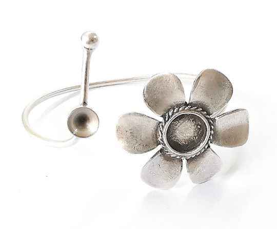 Flower bracelet brass blank Resin cuff Dry flower inlay blank Cuff bezel Glass cabochon base Adjustable antique silver(10mm + 8mm ) G24442