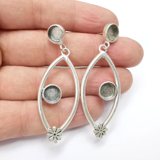 Earring Blank Bezel Antique Silver Plated Brass Earring Set Base (8mm blank) G24904