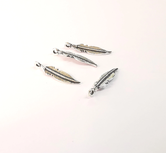 4 Sterling Silver Feather Charms 925 Solid Silver Charms (21x5mm) G30077