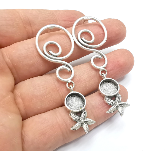 Earring Blank Bezel Antique Silver Plated Brass Earring Set Base (10mm blank) G29325