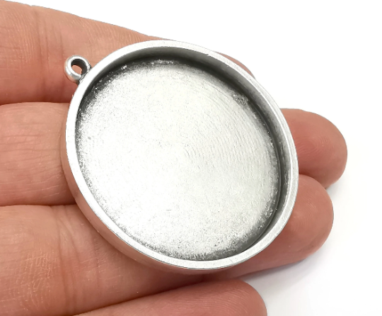 Round Pendant Blanks Resin Bezel Base Mosaic Mountings Antique Silver Plated (48x43mm)( 40 mm Bezel Inner Size) G28088