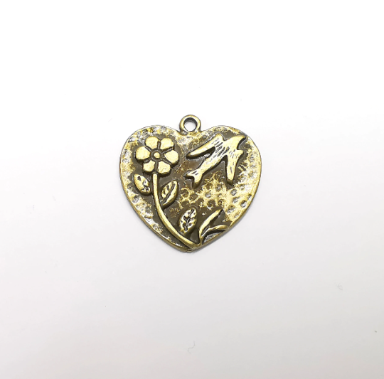 Flower Bird Heart Charms Antique Bronze Plated Charms (27mm) G29382