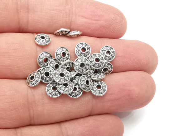 10 Rondelle Beads Antique Silver Plated Metal Beads (7mm) G28911