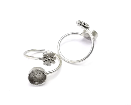 Flower Silver Round Ring Blank Base Bezel Settings Cabochon Mountings Adjustable , Antique Silver Plated Brass (8mm blank) G24175