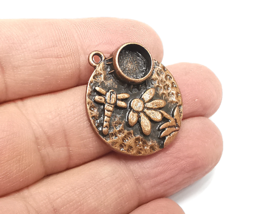 Dragonfly Flower Daisy Hammered Charms Blank Resin Bezel Mounting Cabochon Base Setting Antique Copper Plated (8mm Blank) G29800