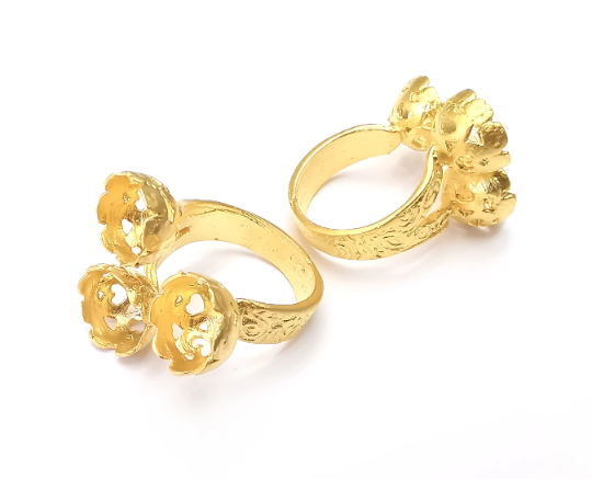Flower Ring Setting , Cup Ring, Round Ring Blank , Cabochon Mounting, Adjustable Ring Base Bezels, Gold Plated Brass (10mm) G28715