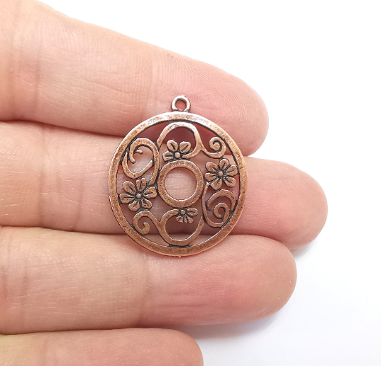 Flowers Branch Round Charms Pendant Antique Copper Plated Charms (29x25mm) G29808